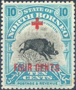 Stamp, Sountry symbols-red overprint, North Borneo,  , Animals (Fauna), Mammals, Pigs, Red Cross and Red Crescent