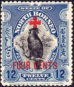 Stamp, Sountry symbols-red overprint, North Borneo,  , Animals (Fauna), Birds, Red Cross and Red Crescent