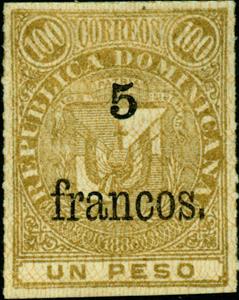 Stamp, Coat of arms surcharged 5Fr on 100c, Dominican Republic,  , Coats of Arms
