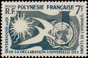 Stamp, Sun, pigeon and UN-emblem, French Polynesia,  