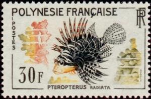 Stamp, Clearfin Lionfish (Pteropterus radiata), French Polynesia,  , Animals (Fauna), Fishes