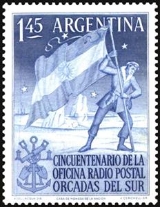 Stamp, 50 Years radio post Office in the South Orkney Islands, Argentina,  , Flags, Post Offices, Radio