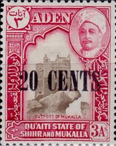 Stamp, Surcharged with New Values 20c on 3a, Aden - Protectorates,  