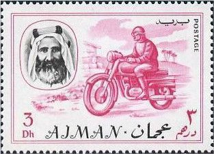 Stamp, Sheikh Rashid and motorcycle, Ajman,  , Heads of State, Motor Scooters, Vehicles
