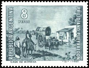 Stamp, A stop at the grocery store, Argentina,  , Animals (Fauna), Carriages, Horses, Mammals, Paintings