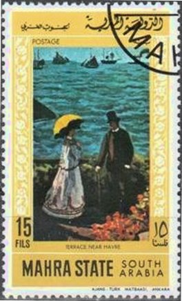 Stamp, 'Terrace near Havre', by Claude Monet, Aden - Protectorates,  , Paintings