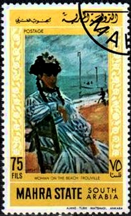 Stamp, 'Women on the Beach Trouville', by Claude Monet, Aden - Protectorates,  , Paintings
