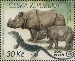 Stamp, Nature Protection - Zoological Gardens II - Rhinoceros unicornis and Varanus macraei, Czech Republic,  , Mammals, Reptiles, Fauna