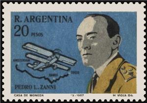 Stamp, Pedro L. Zanni & Airplane, Argentina,  , Aircraft, Aviation, Pilots