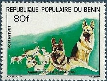 Stamp, German Shepherd (Canis lupus familiaris), Benin,  , Animals (Fauna), Dogs, Mammals