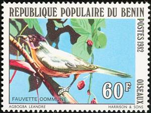 Stamp, Menetries's Warbler (Sylvia mystacea), Benin,  , Animals (Fauna), Birds