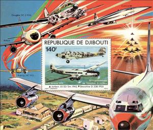Souvenir Sheet, Junkers JU 52/3 m (1942); Dewoitine D. 338 (1935), Djibouti,  , Aircraft, Aviation