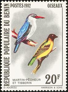 Stamp, Woodland Kingfisher (Halcyon senegalensis), Village Weaver (, Benin,  , Animals (Fauna), Birds, Kingfishers