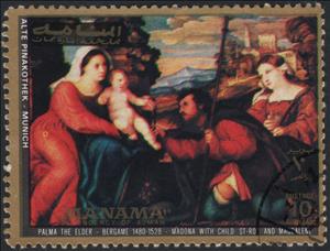 Stamp, Madonna with St. Rochus and Mary Magdalene, by Palma il Vecc, Manama,  , Paintings