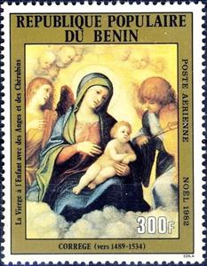 Stamp, "Virgin and Child" with Angels and cherubins"- Corrčge, Benin,  , Christmas, Paintings