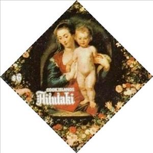 Stamp, Virgin and Child in a Flower Garland, Aitutaki,  , Christmas, Paintings