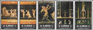 Se-tenant, Paintings from the House of the Vettii in Pompeii, Ajman,  , Frescos, Mythology, Paintings