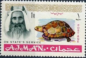 Stamp, Sheik Rashid and Spur-thighed Tortoise (Testudo graeca), Ajman,  , Animals (Fauna), Heads of State, Reptiles, Turtles