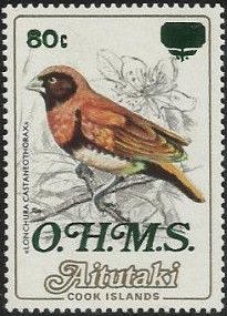Stamp, Chestnut-breasted Mannikin, overprinted O.H.M.S., Aitutaki,  , Animals (Fauna), Birds