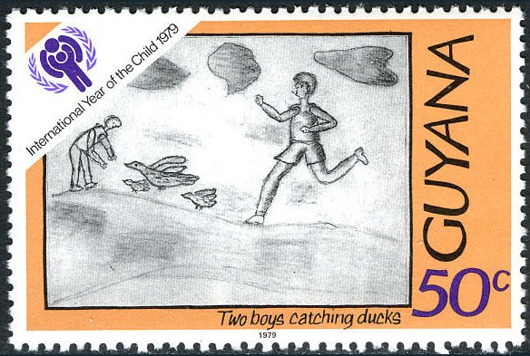 Children's drawing: Two boys catching ducks