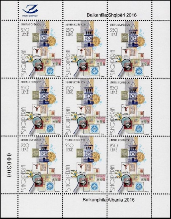 Albanian stamps and Clock Tower of Tirana