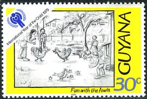 Stamp, Children's drawing: Fun with the fowls, Guyana,  , Drawings, International Years
