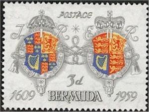 Stamp, Arms of James I and Elizabeth II, Bermuda,  , Anniversaries and Jubilees, Coats of Arms, Shipwrecks
