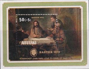 Souvenir Sheet, "The Pilgrims of Emaus", by Rembrandt, Aitutaki,  , Easter, Paintings
