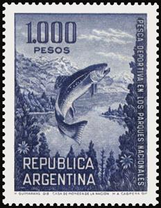 Stamp, Brown Trout (Salmo trutta), Argentina,  , Animals (Fauna), Fishes, Landscapes, Mountains, Rivers
