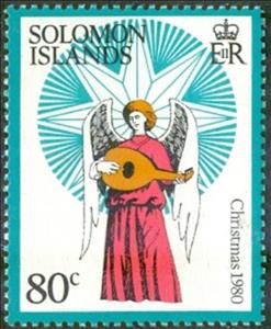 Stamp, Angel with lute, Solomon Islands,  , Angels, Christmas, Musical Instruments, Stars