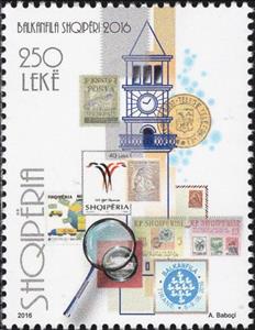 Stamp, Albanian stamps and Clock Tower of Tirana, Albania,  , Philatelic Exhibitions, Stamps