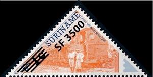Stamp, Detail of stamp MiNr 249 (2nd Overprint), Suriname,  , Locomotives, Railways, Triangle Stamps