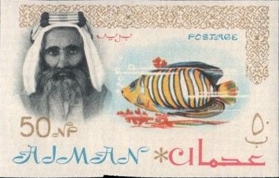 Stamp, Sheik Rashid and Royal Angelfish (Pygoplites diacanthus), Ajman,  , Animals (Fauna), Fishes, Heads of State, Sea Life