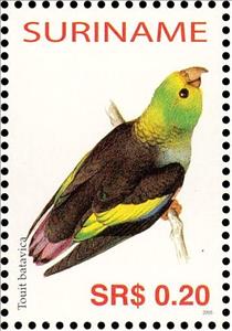 Stamp, Lilac-tailed Parrotlet    Touit batavicus, Suriname,  , Birds