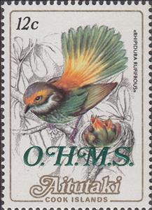 Stamp, Rufous Fantail (Rhipidura rufifrons), overprinted O.H.M.S., Aitutaki,  , Animals (Fauna), Birds