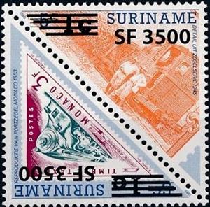 Se-tenant, Detail of stamp MiNr 249 & Monaco Locomotive stamp MiNr 45 …, Suriname,  , Locomotives, Railways, Triangle Stamps