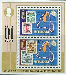 Souvenir Sheet, Aitutaki stamps and map, Aitutaki,  , Maps, Postal Unions, Stamps, U.P.U.
