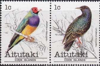 Se-tenant, Gouldian Finch and Starling, Aitutaki,  , Animals (Fauna), Birds