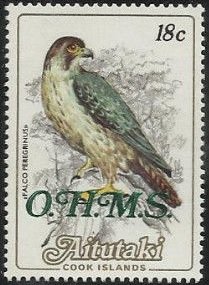 Stamp, Peregrine Falcon (Falco peregrinus), overprinted O.H.M.S., Aitutaki,  , Animals (Fauna), Birds, Birds of Prey, Falcons