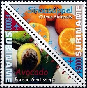 Se-tenant, Avacado & Orange, Suriname,  , Fruits, Plants (Flora), Triangle Stamps