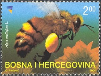 Stamp, Honey Bee (Apis mellifica), Bosnia and Herzegovina,  , Animals (Fauna), Bees, Flowers