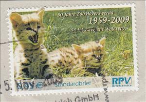 Stamp, 50 Years Zoo Hoyerswerda - Serval (Leptailurus serval), Germany, Modern Private Post Offices,  , Animals (Fauna), Cats of Prey, Infant Animals, Mammals, Zoos