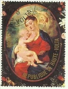 Stamp, Virgin and Child in a Garland of Flowers, Upper Volta,  , Angels, Art, Christmas, Painters, Paintings