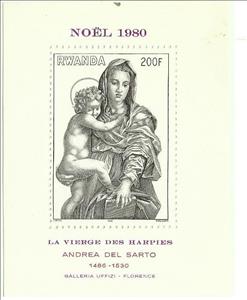 Souvenir Sheet, Virgin of the Harpies by Andrea Del Sarto, Rwanda,  , Art, Christmas, Painters, Paintings, Religion