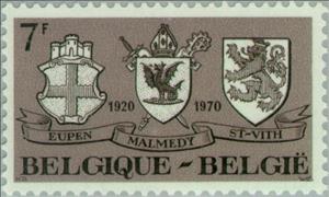 Stamp, 50 years Joining of Eupen, Malmedy and St-Vith, Belgium,  , Heraldic Animals, Coats of Arms