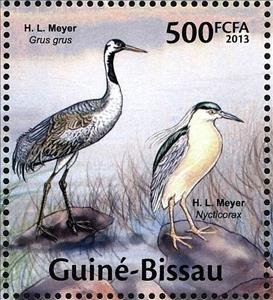 Stamp, Common Crane (Grus grus), Black-crowned Night-heron (Nyctico, Guinea-Bissau,  , Animals (Fauna), Birds, Cranes (Birds), Herons