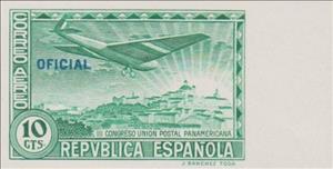 Stamp, Panamerican Postal Union Congress (Oficial), Spain,  , Aircraft, Sun, Townscapes / City Views