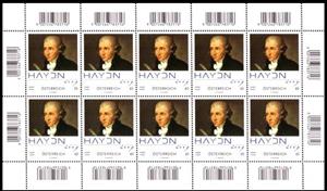 Mini Sheet, Joseph Haydn, 200th anniversary of his death, Austria,  , Composers, Famous People, Men, Music