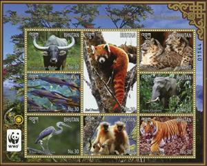 Mini Sheet, Worldwide Fund for Nature (WWF), Bhutan,  , Animals (Fauna), Birds, Cats of Prey, Elephants, Environment Protection, Fishes, Mammals, Monkeys