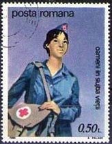 Stamp, Red cross helper with first aid kit, Romania,  , Red Cross and Red Crescent, Rescue Services